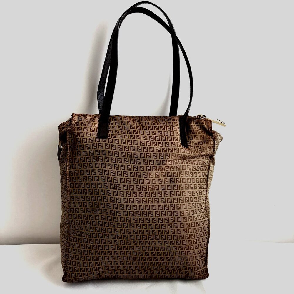 Authentic Fendi Zucca Monogram Tote Bag Brown Nylon Leather Zipper vintage
